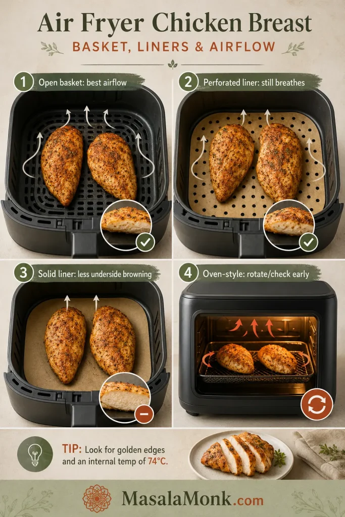 Four-panel air fryer airflow guide showing open basket, perforated liner, solid liner and oven-style air fryer with airflow arrows.