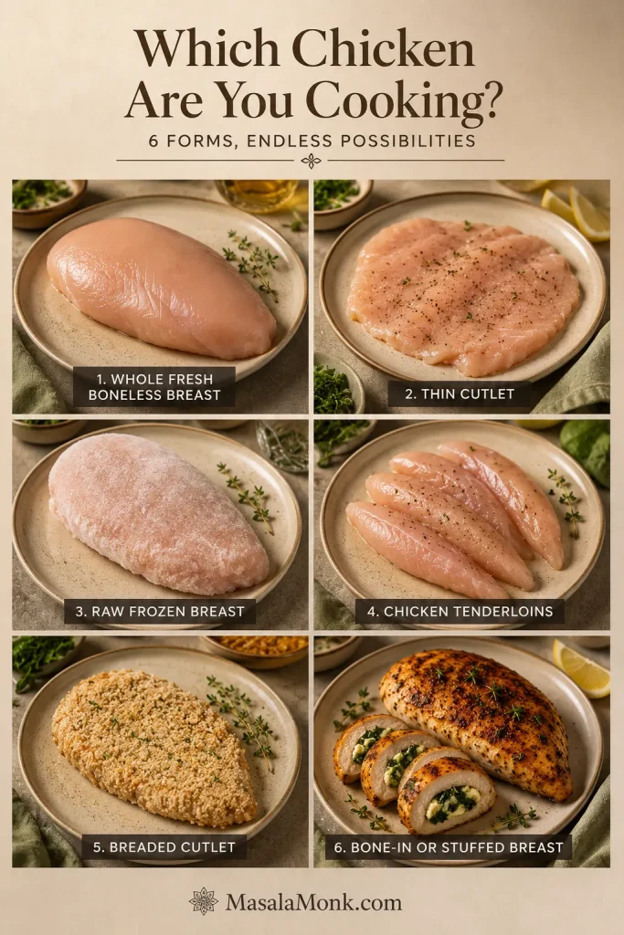 Six-panel guide showing whole fresh breast, thin cutlet, frozen breast, chicken tenderloins, breaded cutlet and stuffed chicken breast.