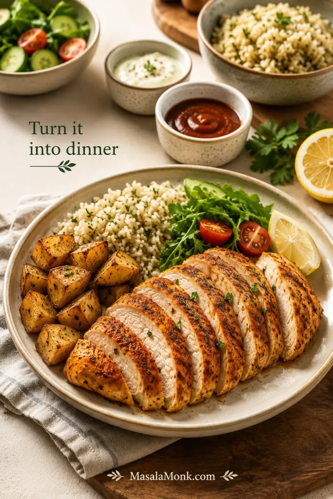 Sliced paprika-garlic air fryer chicken breast served with rice, roasted potatoes, salad, sauces, lemon and herbs.