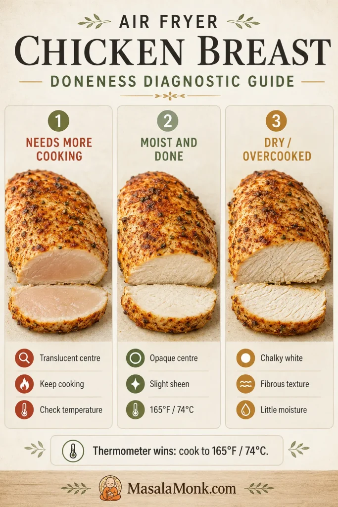 Three-panel chicken breast doneness guide showing translucent centre, moist opaque centre and dry fibrous overcooked centre.