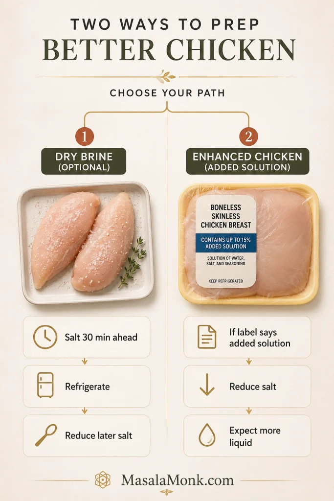 Two-branch prep guide showing salted raw chicken for a dry brine and packaged chicken labeled as containing added solution.