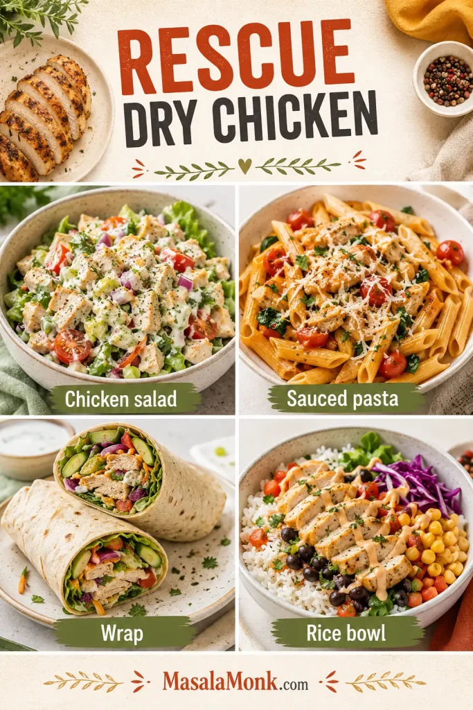 Four-panel rescue board showing dry chicken turned into chicken salad, sauced pasta, a vegetable wrap and a rice bowl with sauce.