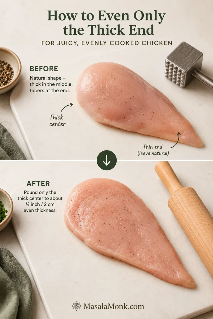 Before-and-after guide showing a raw chicken breast with the thick centre gently flattened while the thin tapered end remains natural.