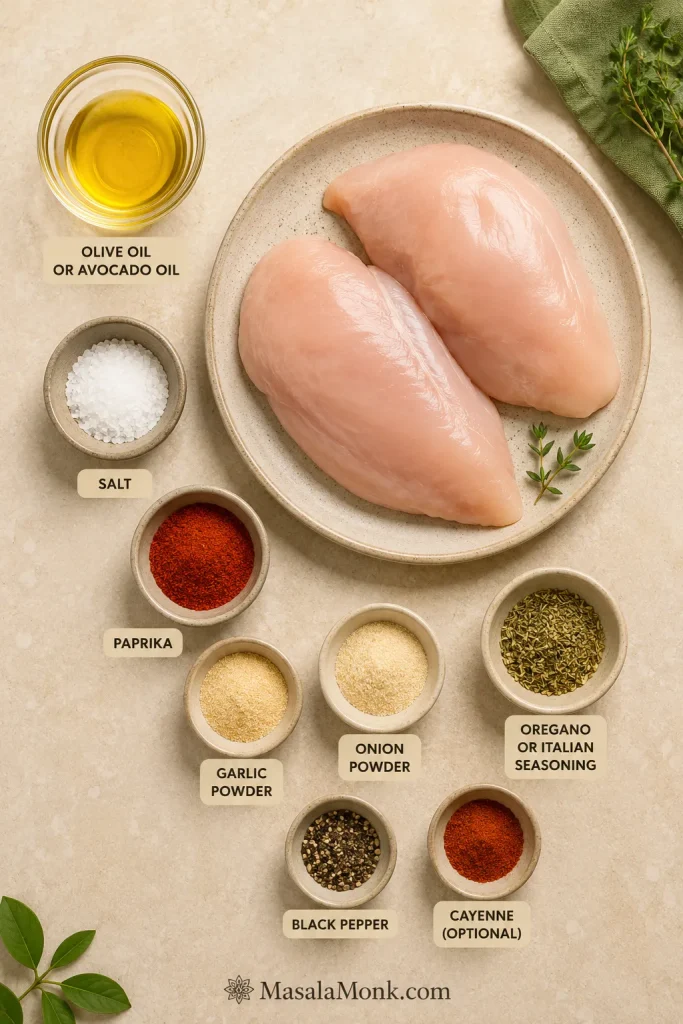 Overhead ingredient board with raw chicken breasts, oil, salt, paprika, garlic powder, onion powder, oregano, black pepper and cayenne.