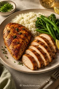 Sliced paprika-garlic air fryer chicken breast served with rice, green vegetables, lemon and herbs on a warm plate.