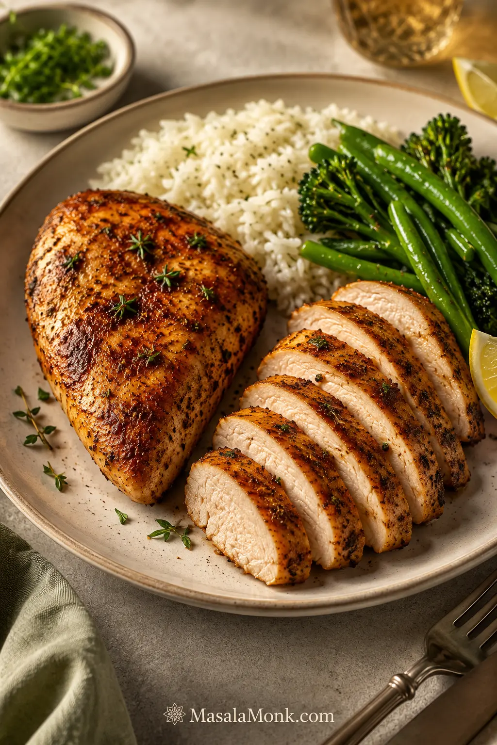 Sliced paprika-garlic air fryer chicken breast served with rice, green vegetables, lemon and herbs on a warm plate.