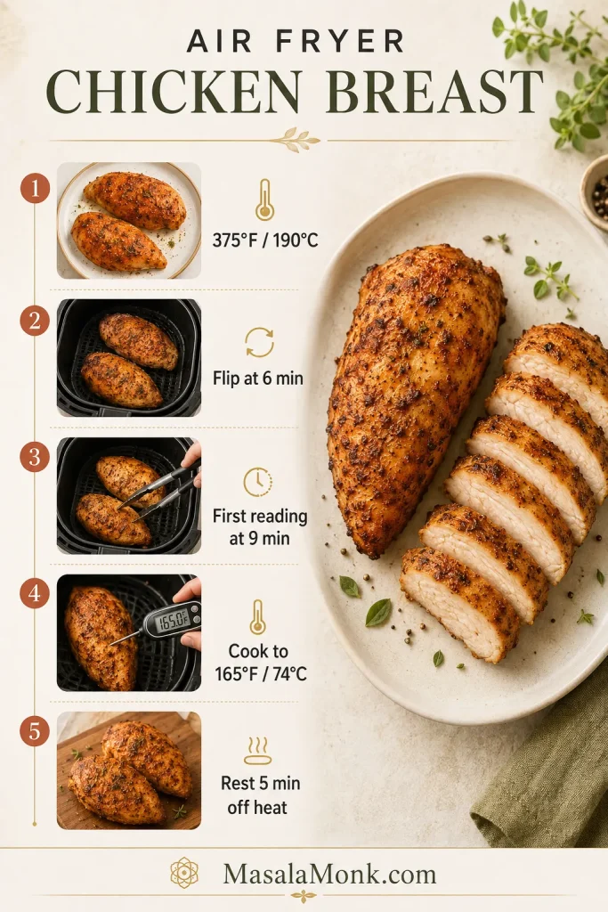 Vertical air fryer chicken breast method guide showing 375°F, flip at 6 minutes, first reading at 9 minutes, 165°F endpoint and 5-minute rest.