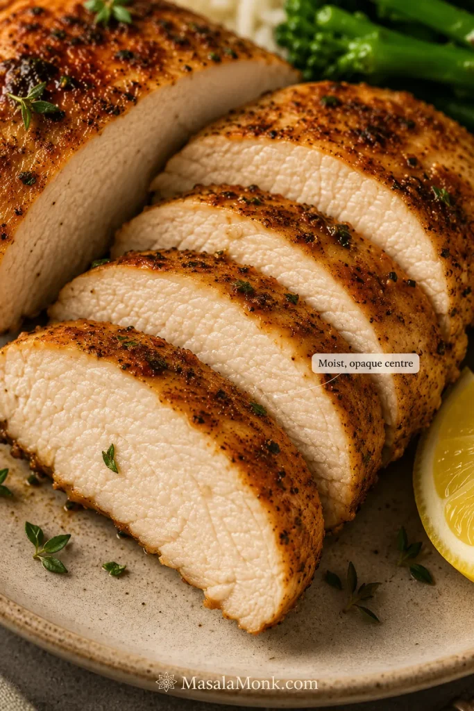 Macro close-up of sliced air fryer chicken breast with a moist opaque centre, paprika-garlic crust, lemon and herbs.