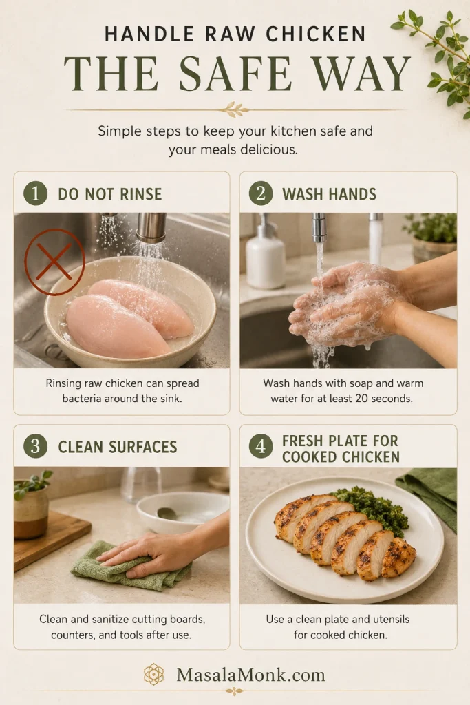Four-panel raw chicken safety guide showing do not rinse, wash hands, clean surfaces and use a fresh plate for cooked chicken.