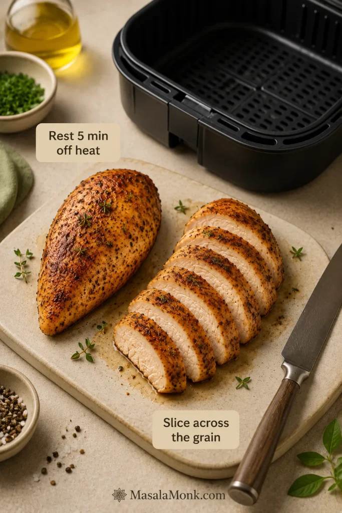 Cooked air fryer chicken breast resting on a clean board beside an empty basket, with one breast sliced across the grain.