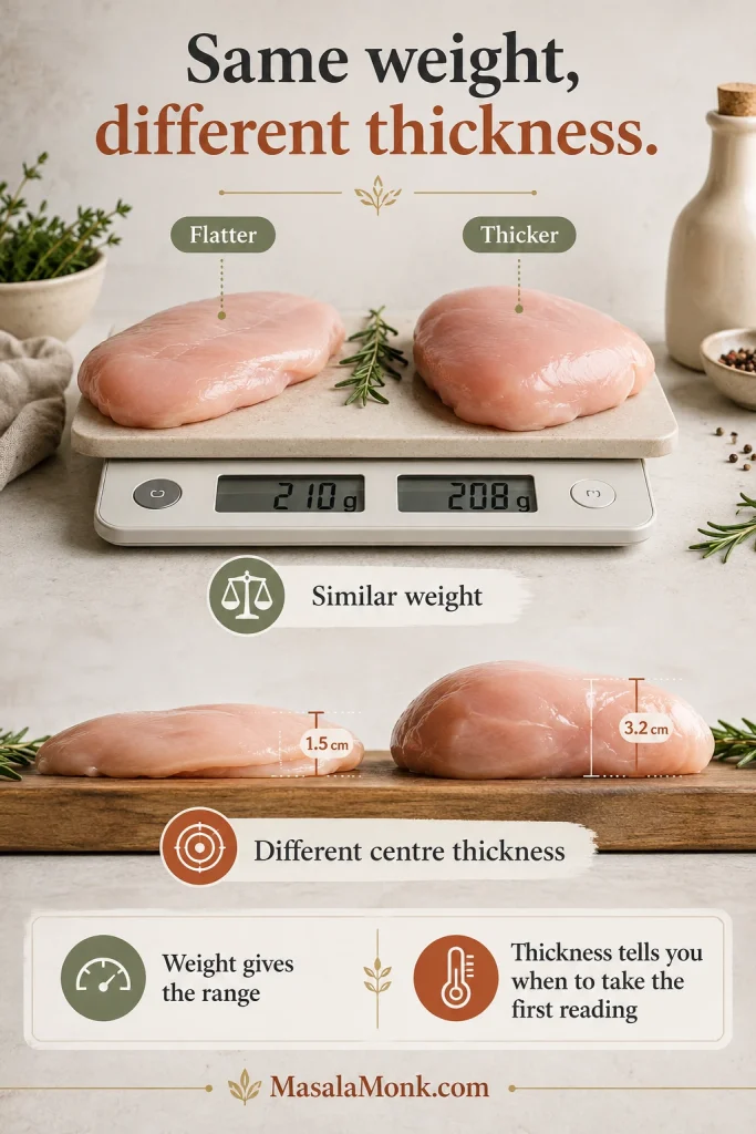 Comparison of two raw chicken breasts with similar weights but different centre thicknesses, showing why thickness affects cooking time.