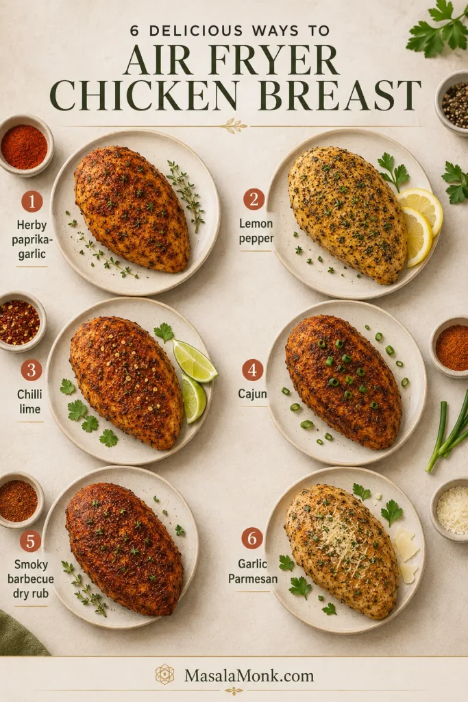 Six air fryer chicken breast seasoning options labeled herby paprika-garlic, lemon pepper, chilli lime, Cajun, smoky barbecue dry rub and garlic Parmesan.