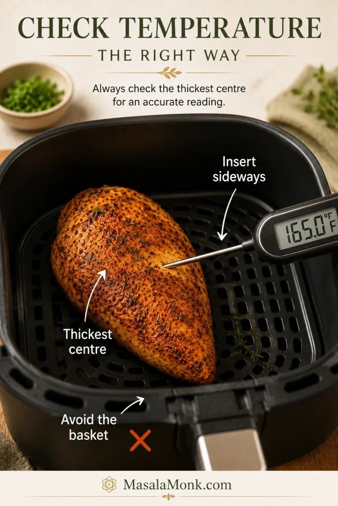 Instant-read thermometer inserted sideways into the thickest centre of a paprika-garlic chicken breast in an air fryer basket.