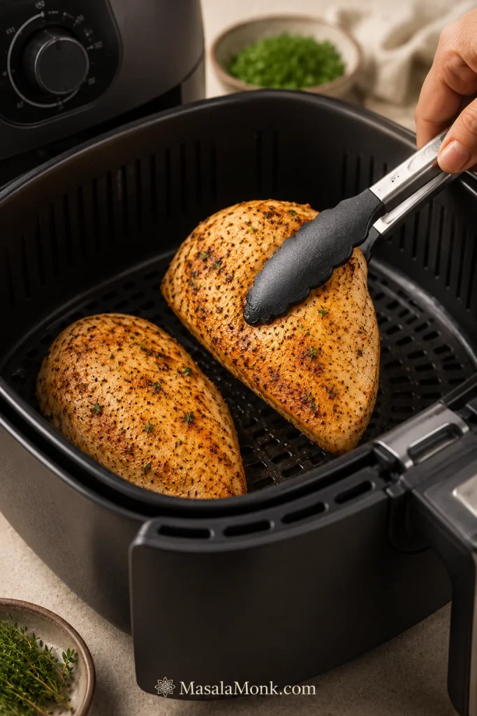 Tongs turning paprika-seasoned chicken breasts in a black air fryer basket at the flip stage with golden browned patches.