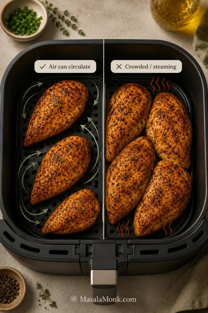 Split air fryer basket comparison showing properly spaced chicken breasts with airflow arrows and crowded chicken breasts touching.