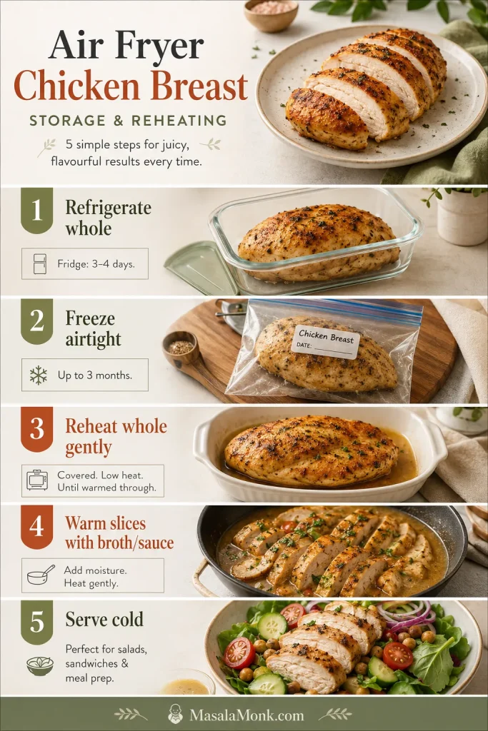 Storage and reheating guide for air fryer chicken breast showing refrigerating, freezing, reheating whole, warming slices with sauce and serving cold.