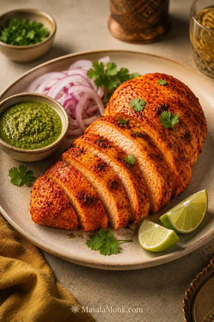 Tandoori-inspired air fryer chicken breast sliced on a plate with green chutney, red onion, lime wedges and coriander.
