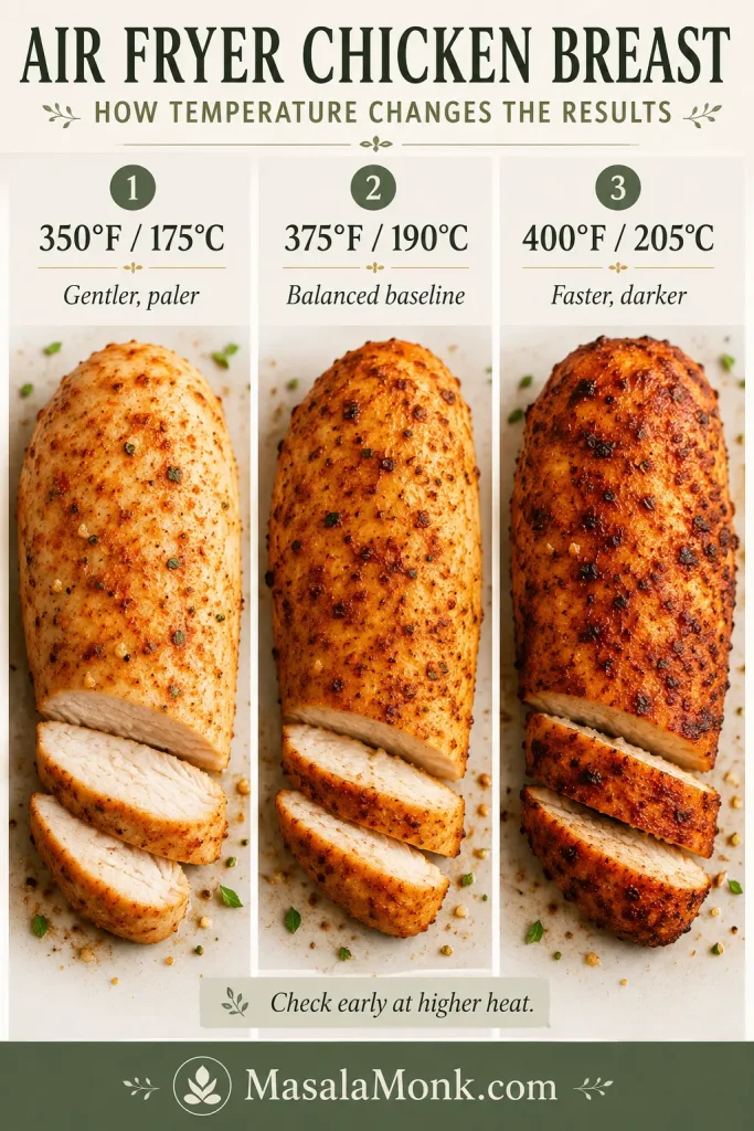 Three-panel comparison of air fryer chicken breast cooked at 350°F, 375°F and 400°F with paler, balanced and darker results.