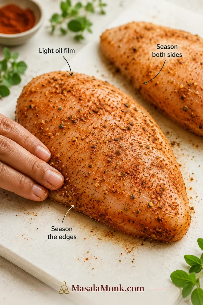 Close-up of raw chicken breast with paprika-garlic seasoning on the surface and thick side edge, with labels for light oil and seasoning.