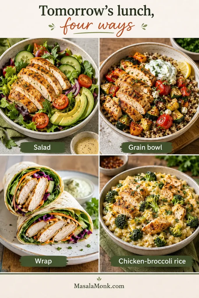 Four-panel lunch board showing air fryer chicken in a salad, grain bowl, wrap and chicken-broccoli rice bowl.
