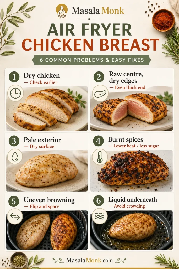 Troubleshooting board for air fryer chicken breast showing dry chicken, raw centre, pale exterior, burnt spices, uneven browning and liquid underneath.