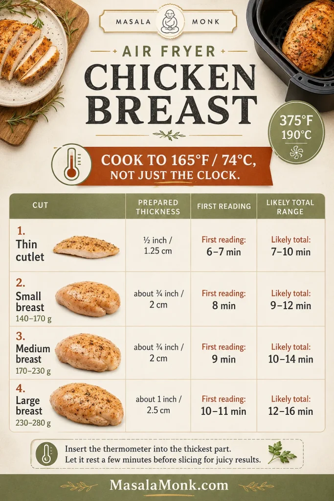 Timing chart for air fryer chicken breast at 375°F showing thin cutlet, small, medium and large breast first-reading times and total ranges.