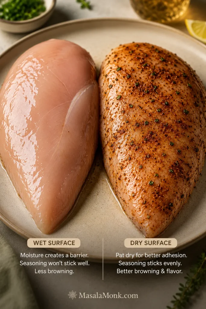 Split comparison of a wet raw chicken breast surface and a dried, seasoned chicken breast surface with better seasoning adhesion.