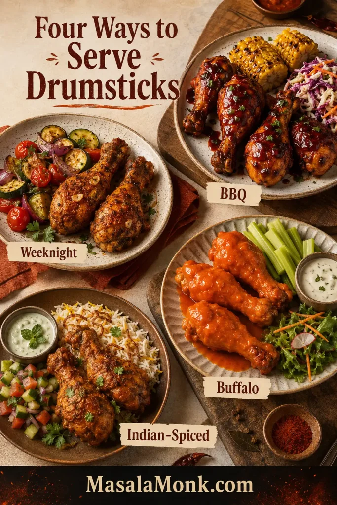 Serving board with four different chicken drumstick meals labeled weeknight, BBQ, Buffalo and Indian-spiced, each with different sides.