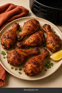Six cooked paprika-garlic chicken drumsticks on a cream platter with browned blistered skin, a lemon wedge, parsley and a blurred air fryer in the background.
