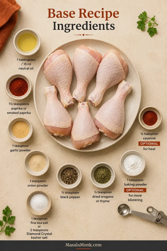 Overhead ingredient board with six raw chicken drumsticks, oil, paprika, garlic powder, onion powder, salt, pepper, dried herbs, cayenne and baking powder in small bowls.