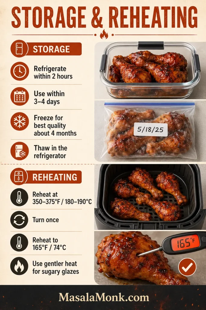 Storage and reheating guide showing cooked drumsticks in a container, freezer storage, an air fryer reheating step and a thermometer cue.