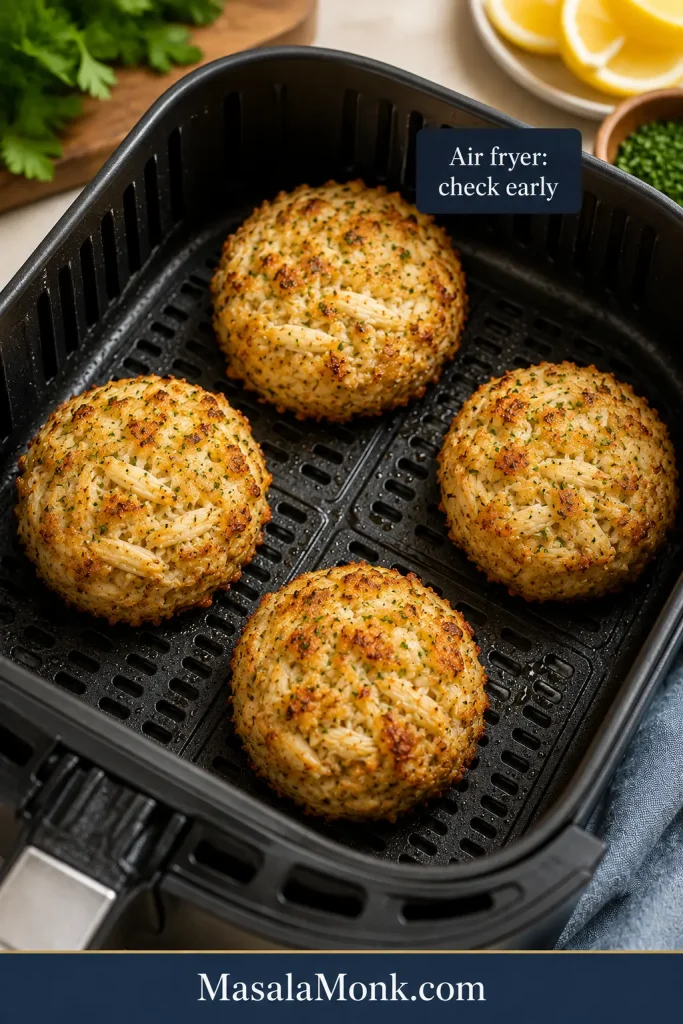 Crab cakes in an air fryer basket with lightly crisp golden edges.