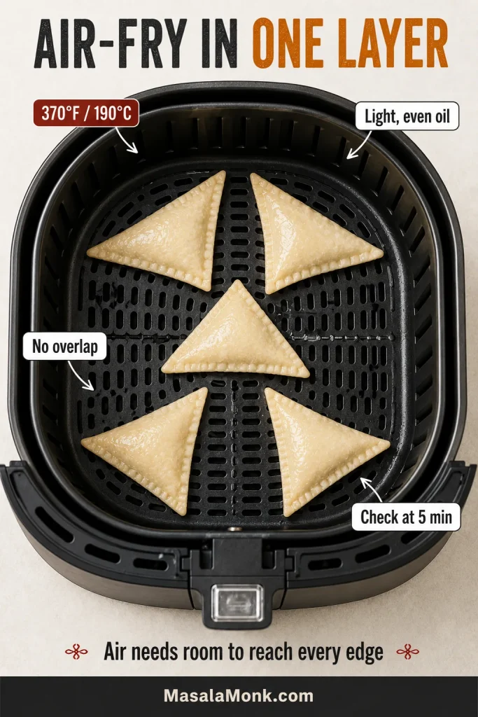 Five uncooked triangle crab rangoons arranged without touching in a lightly oiled air-fryer basket, with open vents and space around every piece.