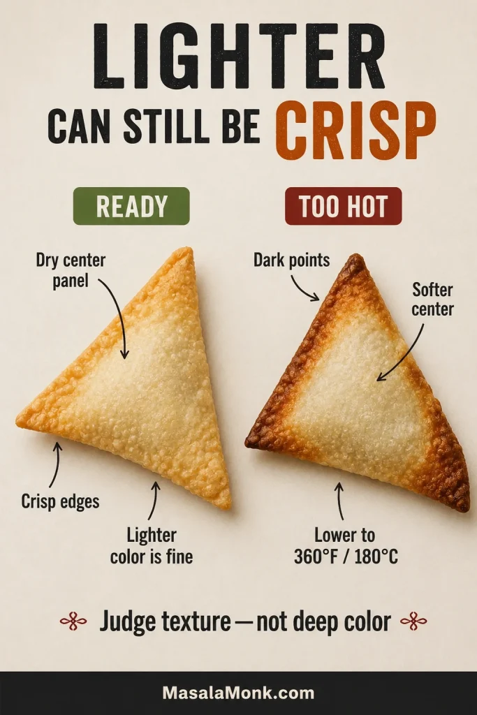 Two air-fried crab rangoons compared: one light-golden and crisp with a firm center, and one with dark points surrounding a softer pale center.