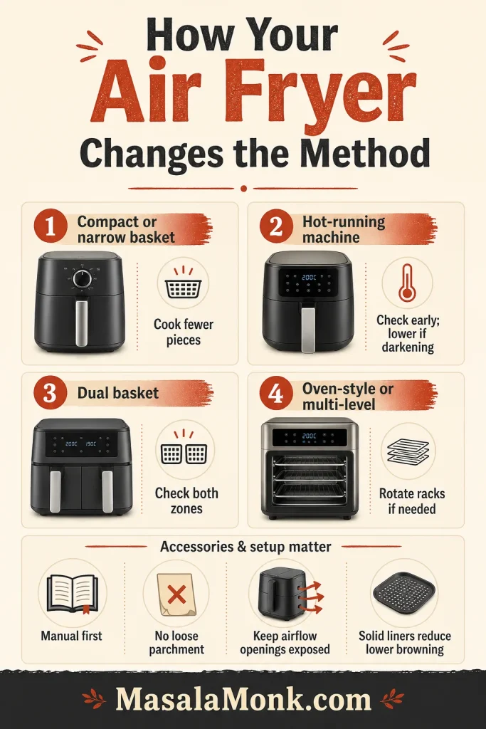 Appliance guide showing four generic air fryer types with tips for compact baskets, hot-running machines, dual baskets and oven-style models.
