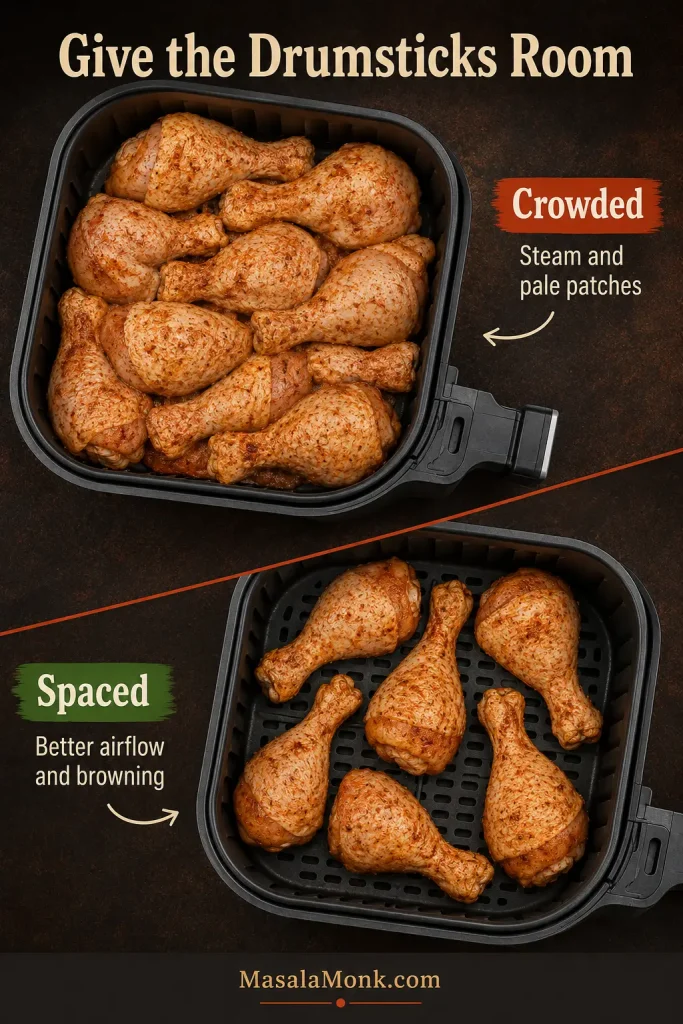 Basket comparison showing crowded chicken drumsticks touching on one side and spaced drumsticks with visible basket openings on the other side.