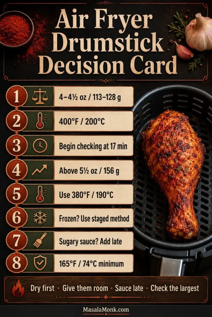 Air fryer drumstick decision card with cooking temperatures, weight ranges, frozen and sauce guidance, and a cooked drumstick in an open basket.