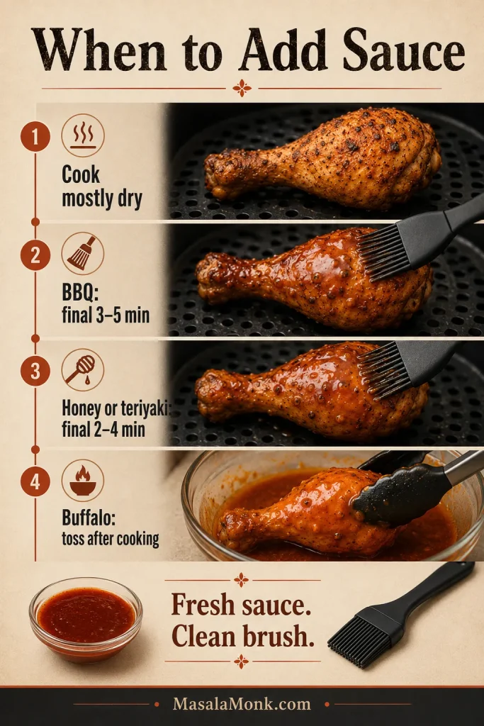 Vertical sauce timing guide for air fryer chicken drumsticks showing dry cooking, late BBQ glaze, late honey or teriyaki, and Buffalo sauce added after cooking.