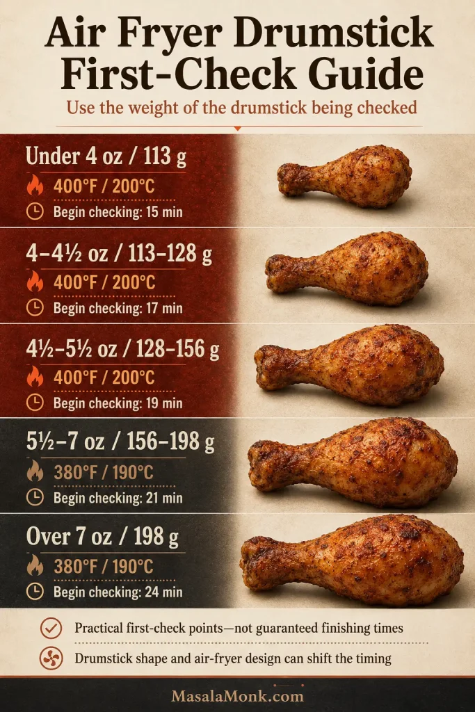 Portrait infographic listing chicken drumstick weight ranges with air fryer temperatures and begin-checking times from 15 to 24 minutes.