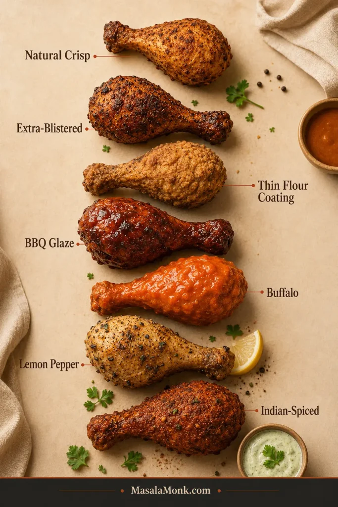 Flavor board showing seven different finished chicken drumsticks labeled natural crisp, extra-blistered, thin flour coating, BBQ glaze, Buffalo, lemon pepper and Indian-spiced.