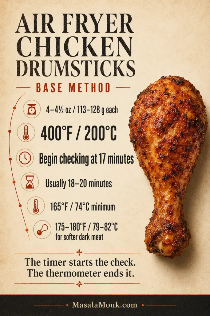Recipe summary card for air fryer chicken drumsticks showing base weight, 400 degrees Fahrenheit, checking at 17 minutes and safe internal temperatures.
