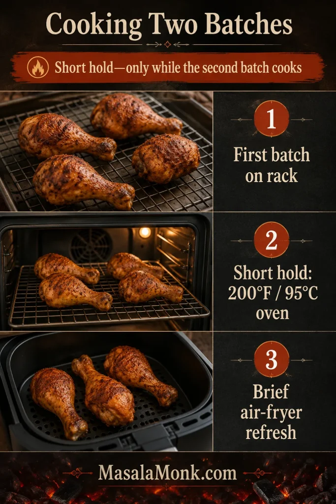 Three-stage board showing cooked drumsticks on a wire rack, a short low-oven hold and a brief air fryer refresh.