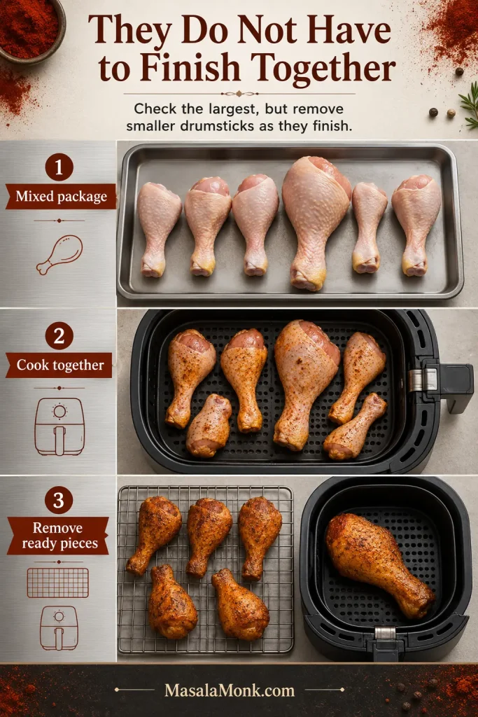 Three-stage guide showing six mixed-size drumsticks raw, cooking together, and five finished pieces resting while one larger drumstick remains in the air fryer.