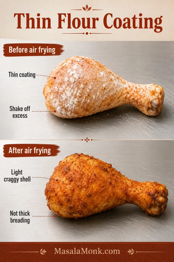 Before-and-after guide showing a raw drumstick with a thin flour coating and a cooked drumstick with a light craggy shell.