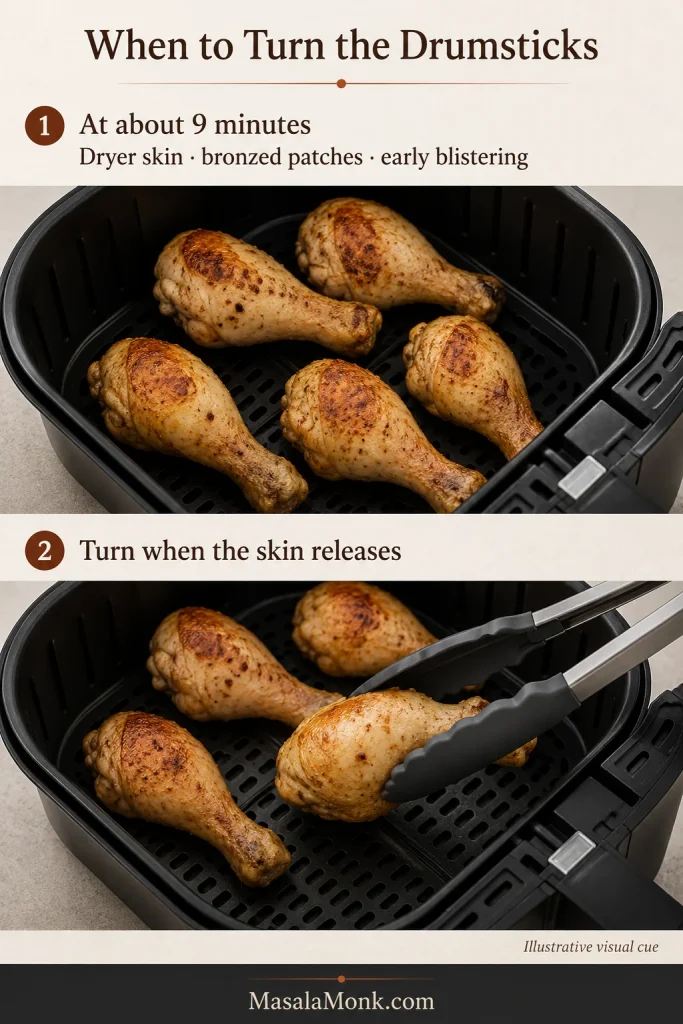 Two-stage guide showing partly cooked drumsticks at about nine minutes and one drumstick being turned with tongs in an air fryer basket.