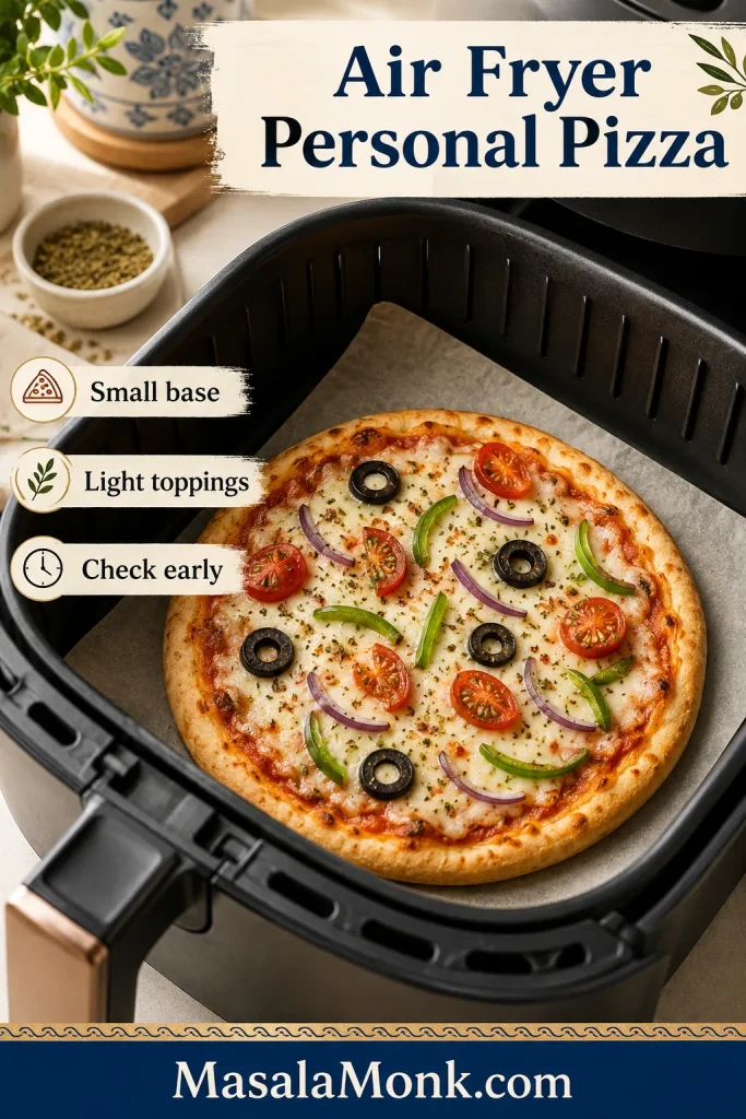 Small Greek yogurt personal pizza in an air fryer basket with parchment underneath and light toppings.