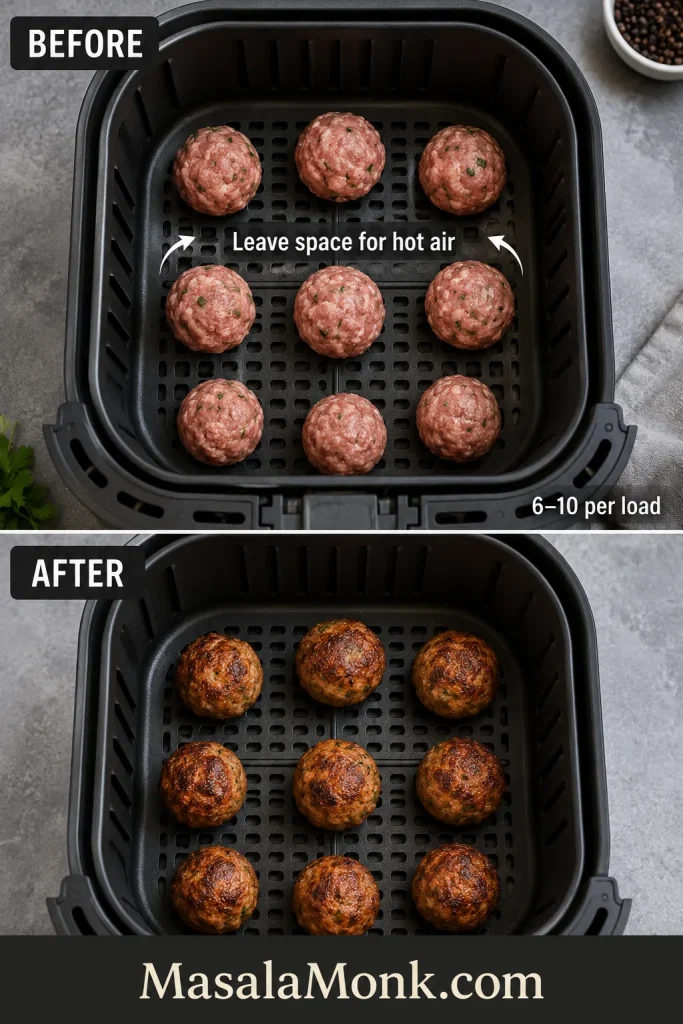 Air fryer basket showing raw pork meatballs spaced apart before cooking and browned meatballs after cooking.