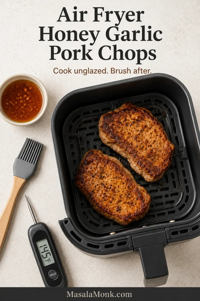 Air fryer honey garlic pork chops shown unglazed and spaced apart in a basket beside a bowl of sauce, a brush and a thermometer reading 145°F.
