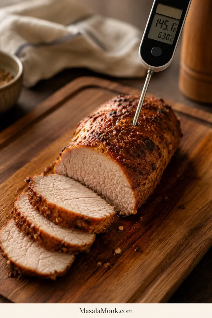Instant-read thermometer inserted into the thickest center of cooked pork tenderloin on a wooden cutting board.