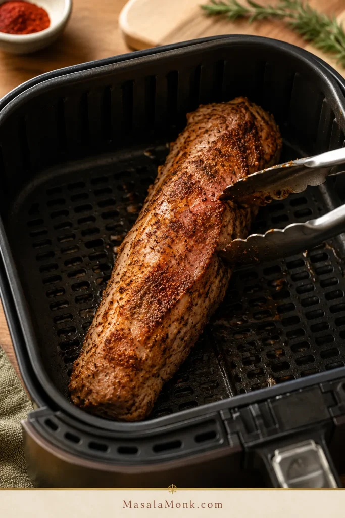 Pork tenderloin halfway cooked in an air fryer basket with browned seasoning patches after being flipped.